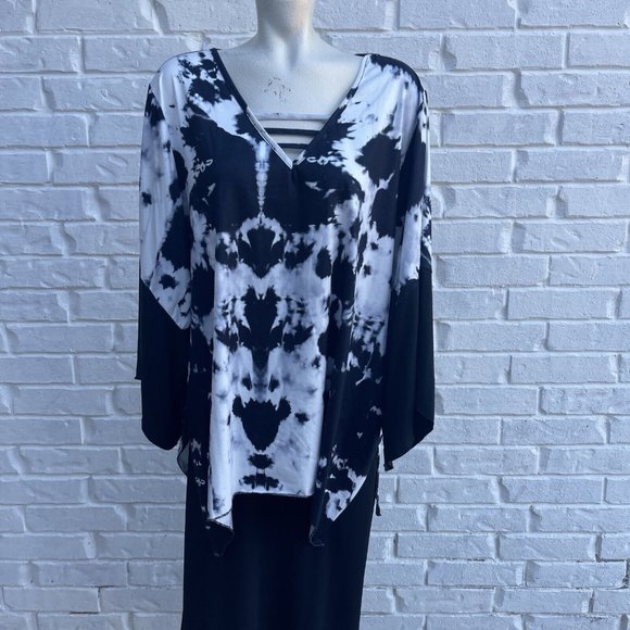 Womens Size 3XL Handkerchief Hem Tunic Black & White Curve‎ 3/4 Sleeve - Picture 1 of 9